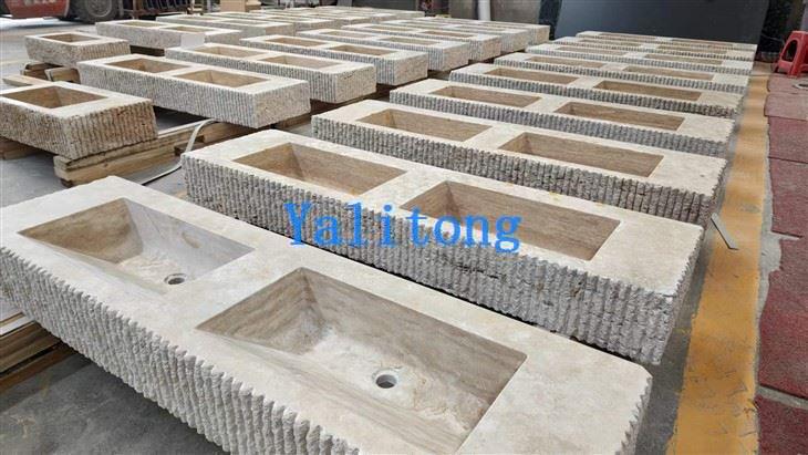 Beige Travertine Double Basin Bathroom Sink