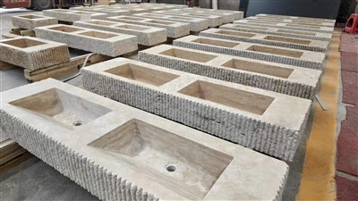 Beige Travertine Double Basin Bathroom Sink
